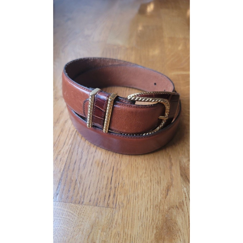 Brighton Classic Solid Brown Leather Belt Gold Buckle Size L - Picture 2 of 9